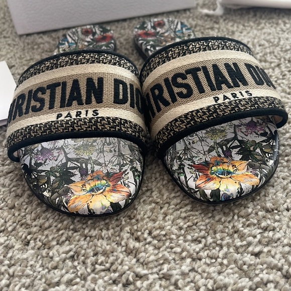 CHRISTIAN DIOR Dway Slide Sandal Cream and black Embroidered Cotton - Picture 6 of 10